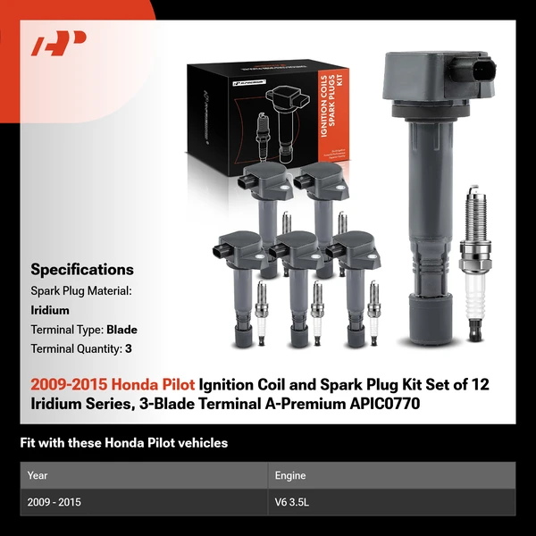 2009-2015 Honda Pilot Ignition Coil and Spark Plug Kit Set of 12 Iridium Series, 3-Blade Terminal A-Premium APIC0770