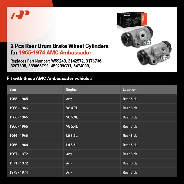 2 Pcs Rear Drum Brake Wheel Cylinders for 1965-1974 AMC Ambassador