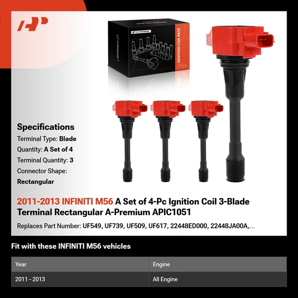 2011-2013 INFINITI M56 A Set of 4-Pc Ignition Coil 3-Blade Terminal Rectangular A-Premium APIC1051