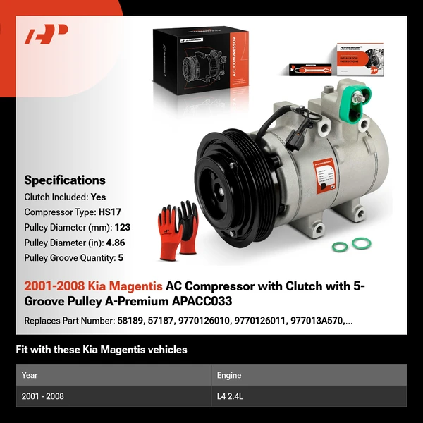 2001-2008 Kia Magentis AC Compressor with Clutch with 5-Groove Pulley A-Premium APACC033
