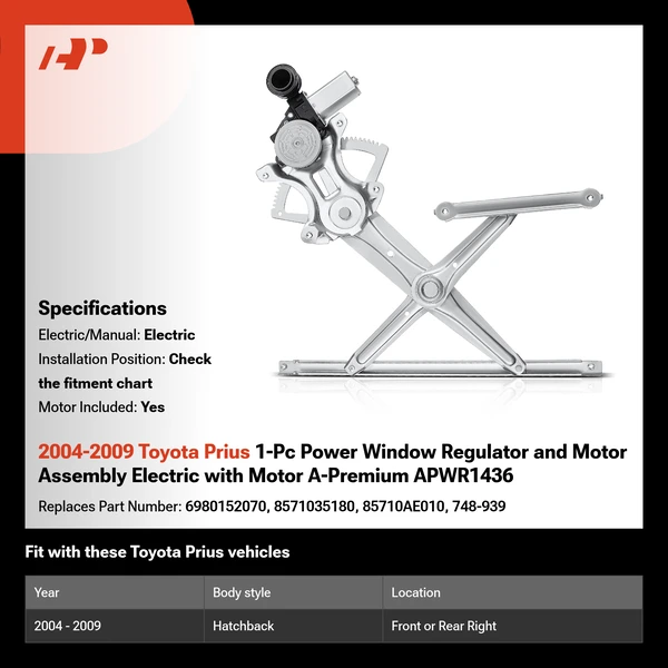 2004-2009 Toyota Prius 1-Pc Power Window Regulator and Motor Assembly Electric with Motor A-Premium APWR1436