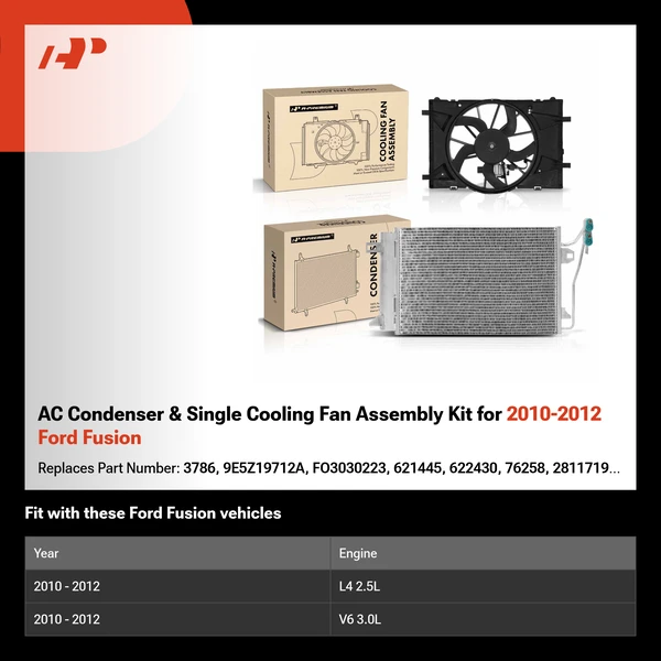 AC Condenser & Single Cooling Fan Assembly Kit for 2010-2012 Ford Fusion