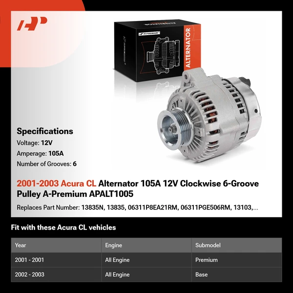 2001-2003 Acura CL Alternator 105A 12V Clockwise 6-Groove Pulley A-Premium APALT1005