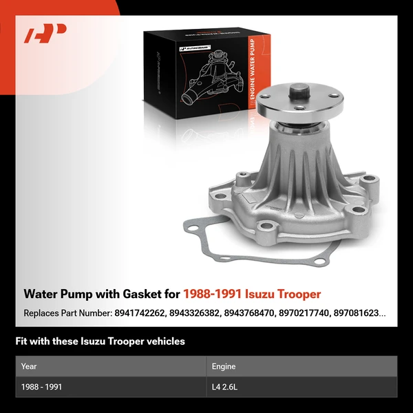 Water Pump with Gasket for 1988-1991 Isuzu Trooper