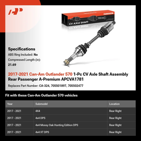 2017-2021 Can-Am Outlander 570 1-Pc CV Axle Shaft Assembly Rear Passenger A-Premium APCVA1781