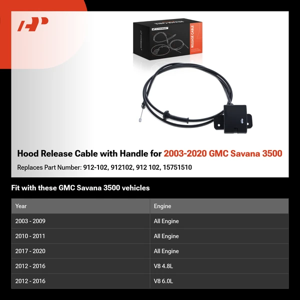 Hood Release Cable with Handle for 2003-2020 GMC Savana 3500