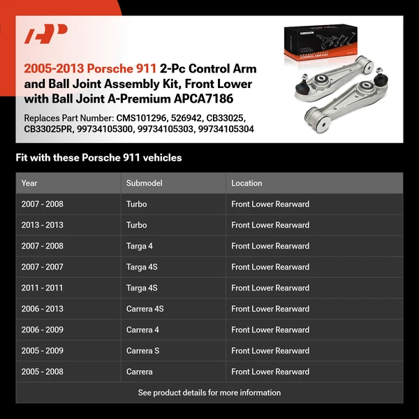 2005-2013 Porsche 911 2-Pc Control Arm and Ball Joint Assembly Kit, Front Lower with Ball Joint A-Premium APCA7186