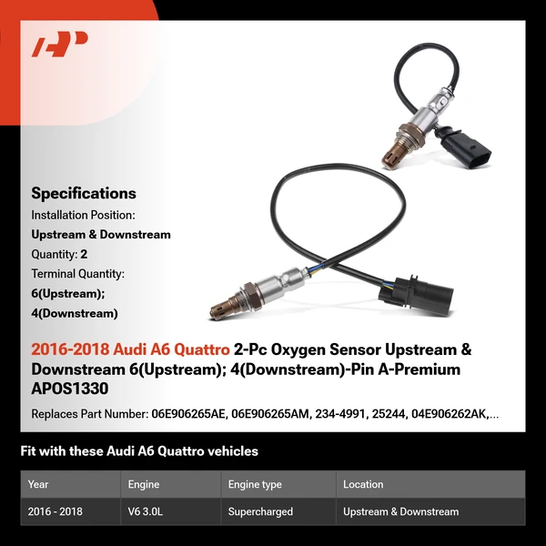 2016-2018 Audi A6 Quattro 2-Pc Oxygen Sensor Upstream & Downstream 6(Upstream); 4(Downstream)-Pin A-Premium APOS1330