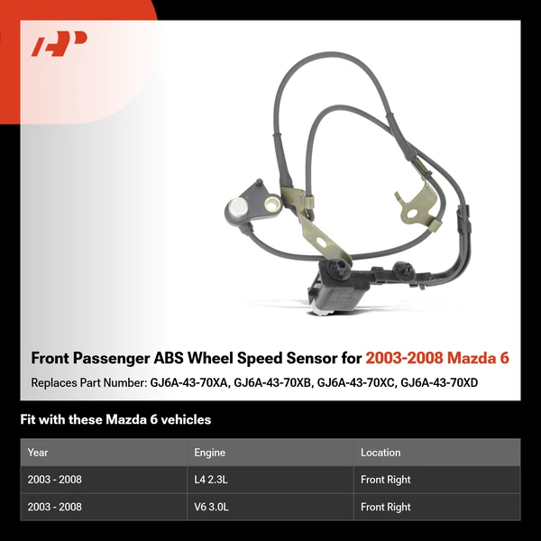 Front Passenger ABS Wheel Speed Sensor for 2003-2008 Mazda 6