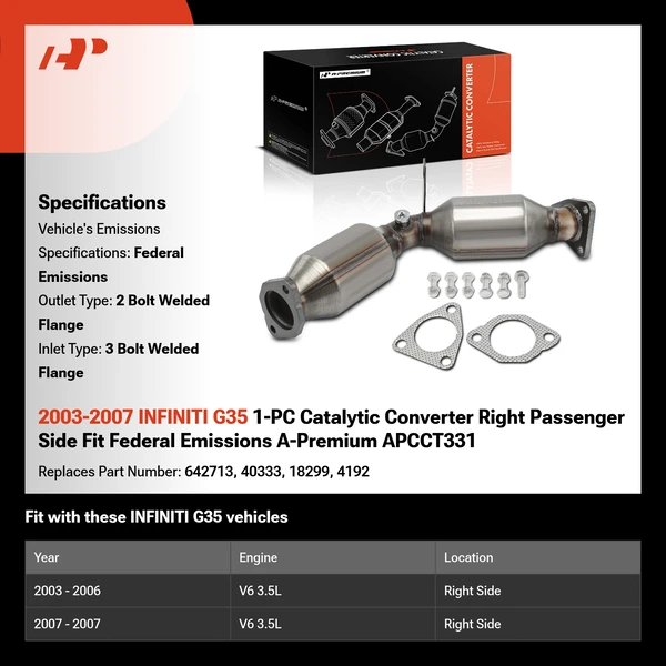 2003-2007 INFINITI G35 1-PC Catalytic Converter Right Passenger Side Fit Federal Emissions A-Premium APCCT331