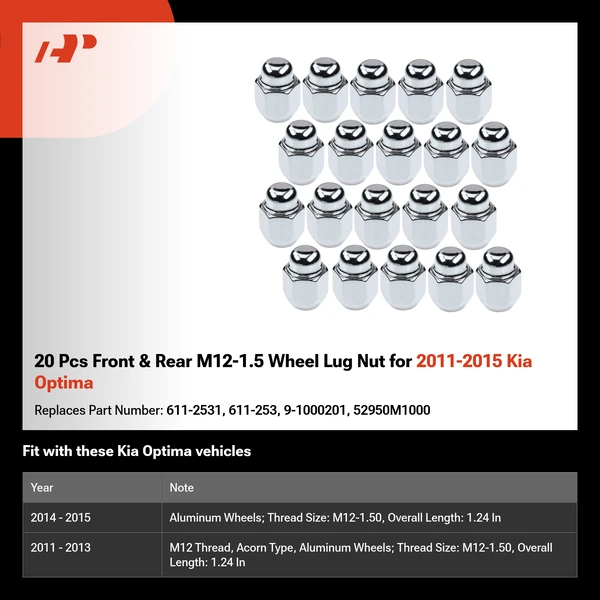 20 Pcs Front & Rear M12-1.5 Wheel Lug Nut for 2011-2015 Kia Optima