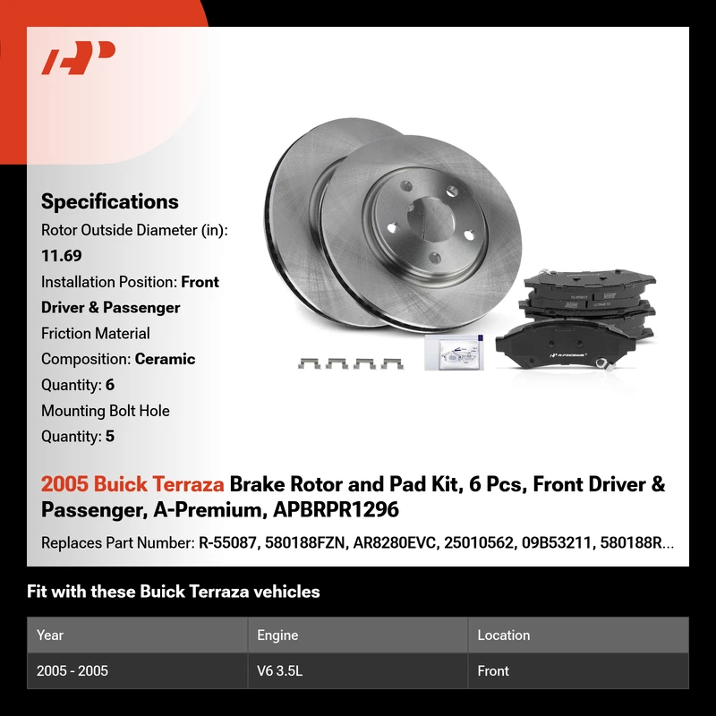 2005 Buick Terraza Brake Rotor and Pad Kit, 6 Pcs, Front Driver & Passenger, A-Premium, APBRPR1296