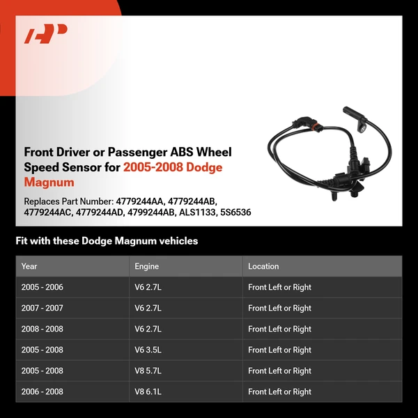 Front Driver or Passenger ABS Wheel Speed Sensor for 2005-2008 Dodge Magnum