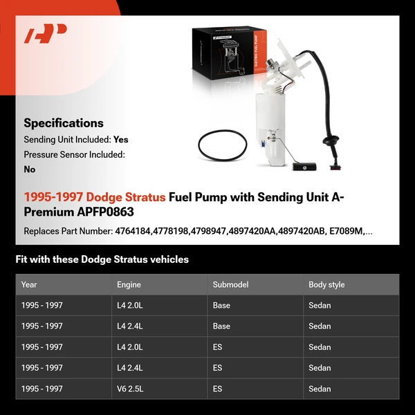 1995-1997 Dodge Stratus Fuel Pump with Sending Unit A-Premium APFP0863