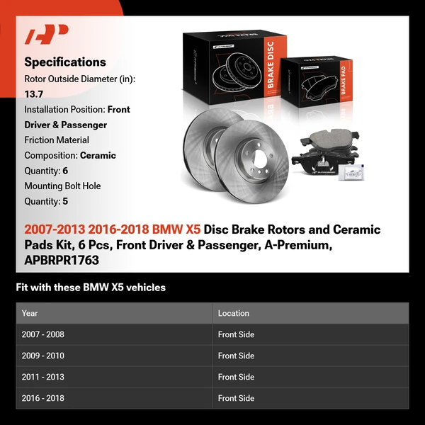 2007-2013 2016-2018 BMW X5 Disc Brake Rotors and Ceramic Pads Kit, 6 Pcs, Front Driver & Passenger, A-Premium, APBRPR1763