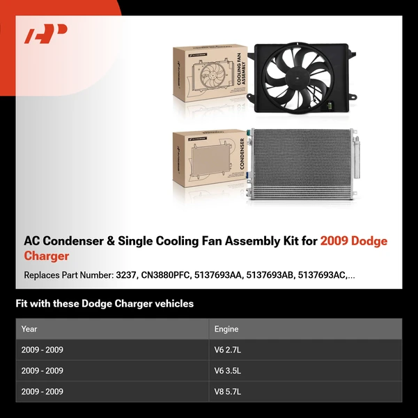 AC Condenser & Single Cooling Fan Assembly Kit for 2009 Dodge Charger
