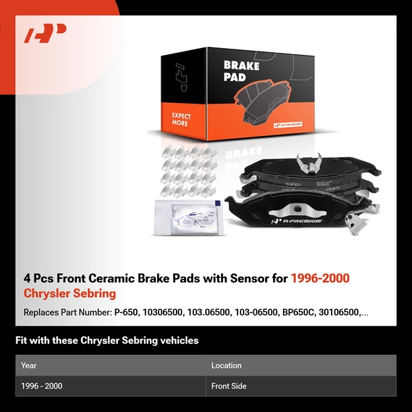 4 Pcs Front Ceramic Brake Pads with Sensor for 1996-2000 Chrysler Sebring