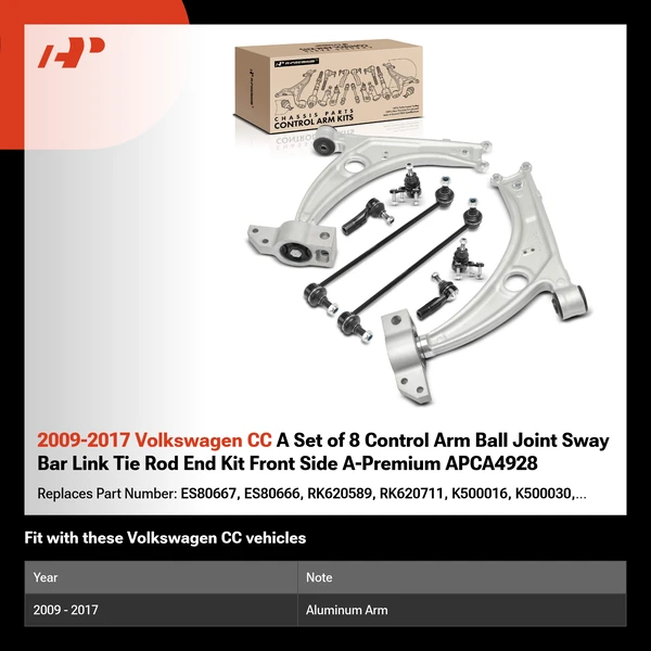 2009-2017 Volkswagen CC A Set of 8 Control Arm Ball Joint Sway Bar Link Tie Rod End Kit Front Side A-Premium APCA4928