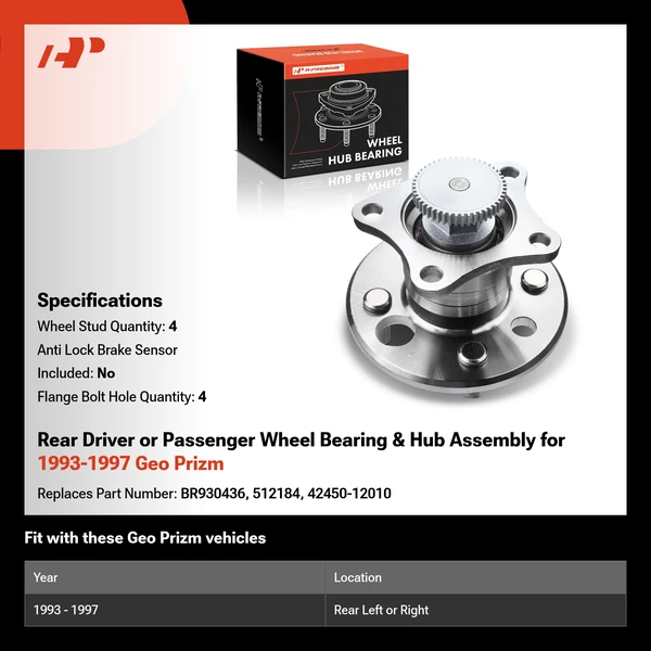Rear Driver or Passenger Wheel Bearing & Hub Assembly for 1993-1997 Geo Prizm
