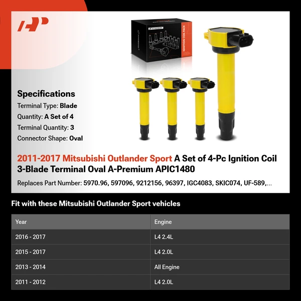 2011-2017 Mitsubishi Outlander Sport A Set of 4-Pc Ignition Coil 3-Blade Terminal Oval A-Premium APIC1480
