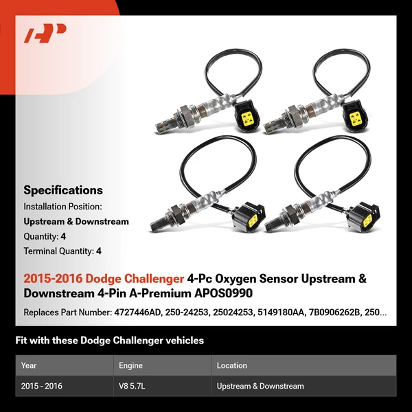 2015-2016 Dodge Challenger 4-Pc Oxygen Sensor Upstream & Downstream 4-Pin A-Premium APOS0990