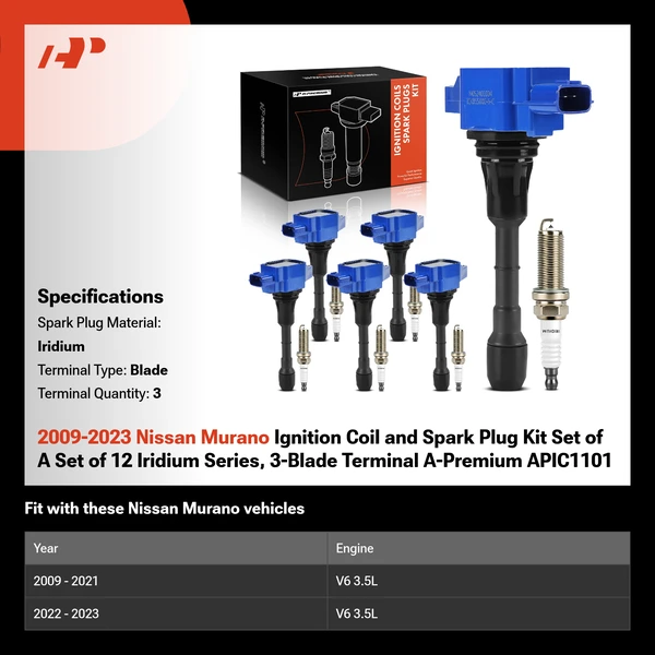 2009-2023 Nissan Murano Ignition Coil and Spark Plug Kit Set of A Set of 12 Iridium Series, 3-Blade Terminal A-Premium APIC1101