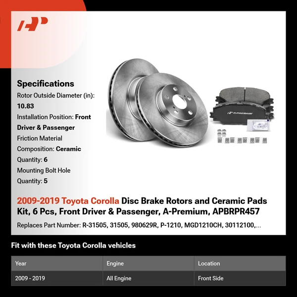2009-2019 Toyota Corolla Disc Brake Rotors and Ceramic Pads Kit, 6 Pcs, Front Driver & Passenger, A-Premium, APBRPR457