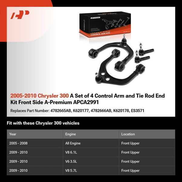 2005-2010 Chrysler 300 A Set of 4 Control Arm and Tie Rod End Kit Front Side A-Premium APCA2991