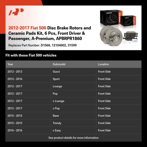 2012-2017 Fiat 500 Disc Brake Rotors and Ceramic Pads Kit, 6 Pcs, Front Driver & Passenger, A-Premium, APBRPR1860