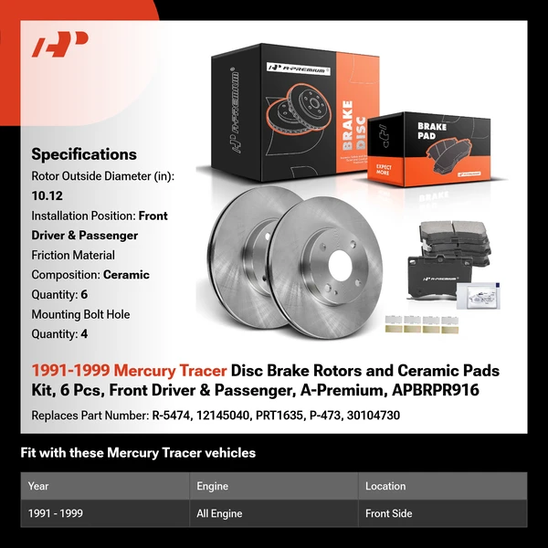 1991-1999 Mercury Tracer Disc Brake Rotors and Ceramic Pads Kit, 6 Pcs, Front Driver & Passenger, A-Premium, APBRPR916