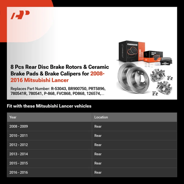 8 Pcs Rear Disc Brake Rotors & Ceramic Brake Pads & Brake Calipers for 2008-2016 Mitsubishi Lancer
