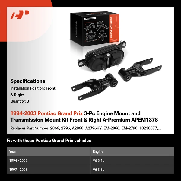 1994-2003 Pontiac Grand Prix 3-Pc Engine Mount and Transmission Mount Kit Front & Right A-Premium APEM1378