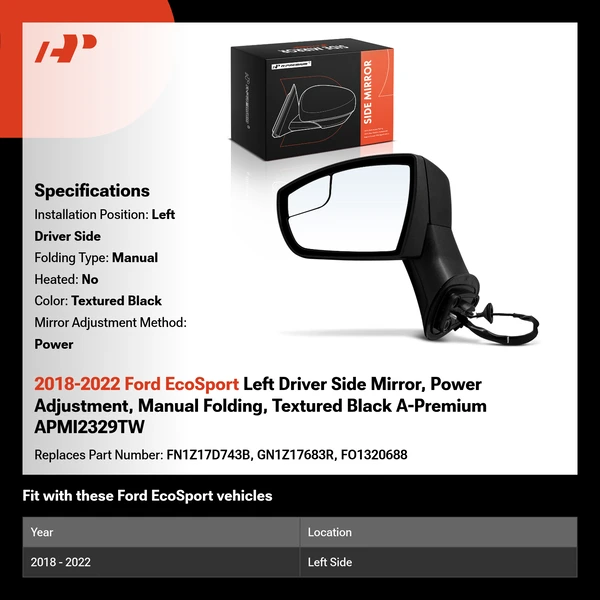 2018-2022 Ford EcoSport Left Driver Side Mirror, Power Adjustment, Manual Folding, Textured Black A-Premium APMI2329TW