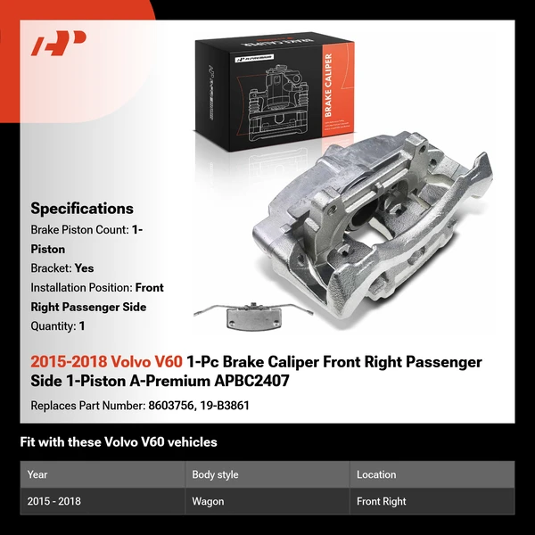 2015-2018 Volvo V60 1-Pc Brake Caliper Front Right Passenger Side 1-Piston A-Premium APBC2407