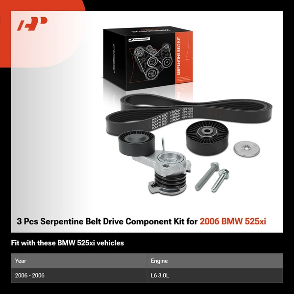 3 Pcs Serpentine Belt Drive Component Kit for 2006 BMW 525xi