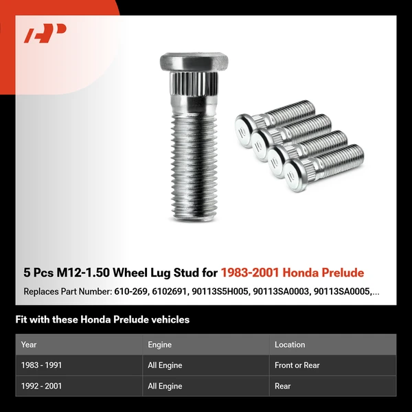 5 Pcs M12-1.50 Wheel Lug Stud for 1983-2001 Honda Prelude