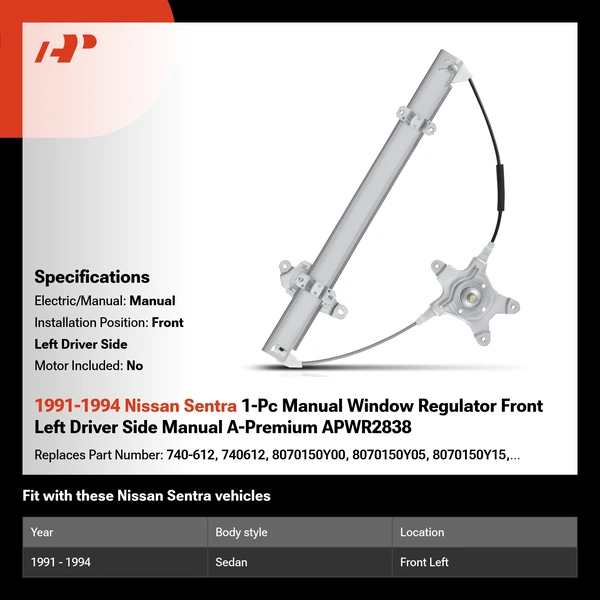 1991-1994 Nissan Sentra 1-Pc Manual Window Regulator Front Left Driver Side Manual A-Premium APWR2838