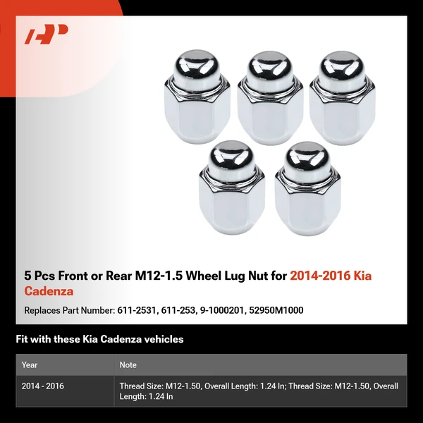 5 Pcs Front or Rear M12-1.5 Wheel Lug Nut for 2014-2016 Kia Cadenza