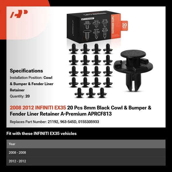 2008 2012 INFINITI EX35 20 Pcs 8mm Black Cowl & Bumper & Fender Liner Retainer A-Premium APRCF813