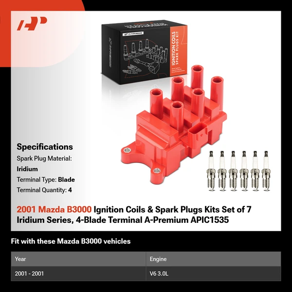 2001 Mazda B3000 Ignition Coils & Spark Plugs Kits Set of 7 Iridium Series, 4-Blade Terminal A-Premium APIC1535
