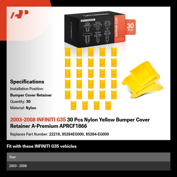2003-2008 INFINITI G35 30 Pcs Nylon Yellow Bumper Cover Retainer A-Premium APRCF1866