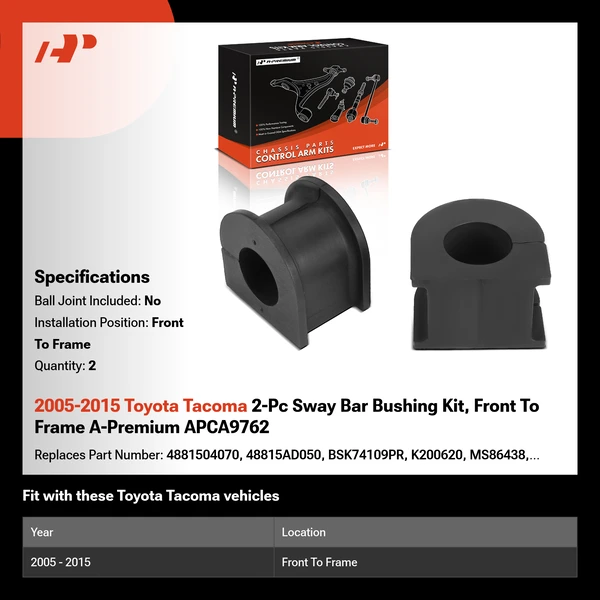 2005-2015 Toyota Tacoma 2-Pc Sway Bar Bushing Kit, Front To Frame A-Premium APCA9762