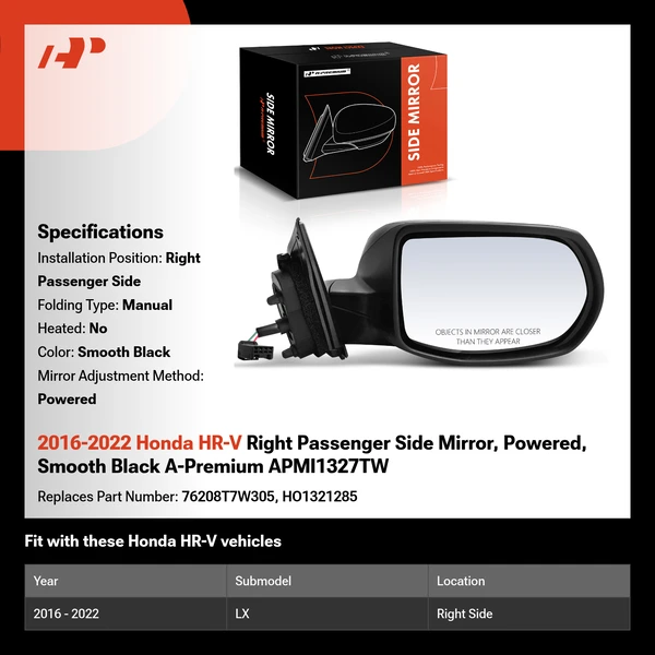 2016-2022 Honda HR-V Right Passenger Side Mirror, Powered, Smooth Black A-Premium APMI1327TW