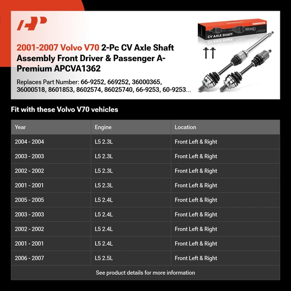 2001-2007 Volvo V70 2-Pc CV Axle Shaft Assembly Front Driver & Passenger A-Premium APCVA1362