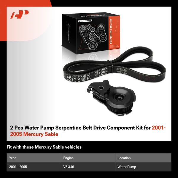2 Pcs Water Pump Serpentine Belt Drive Component Kit for 2001-2005 Mercury Sable