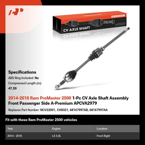 2014-2018 Ram ProMaster 2500 1-Pc CV Axle Shaft Assembly Front Passenger Side A-Premium APCVA2979