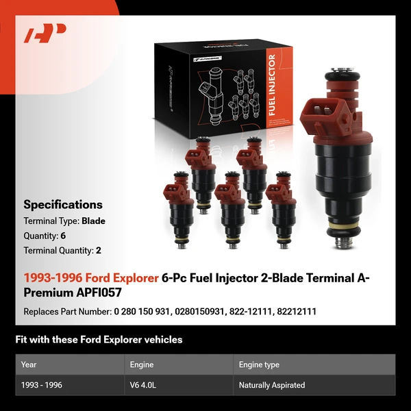 1993-1996 Ford Explorer 6-Pc Fuel Injector 2-Blade Terminal A-Premium APFI057