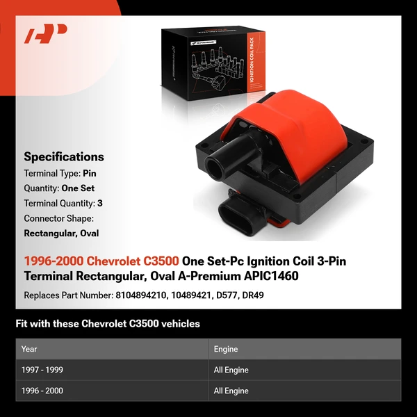 1996-2000 Chevrolet C3500 One Set-Pc Ignition Coil 3-Pin Terminal Rectangular, Oval A-Premium APIC1460