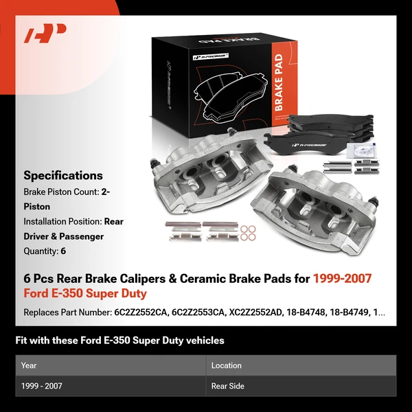 6 Pcs Rear Brake Calipers & Ceramic Brake Pads for 1999-2007 Ford E-350 Super Duty
