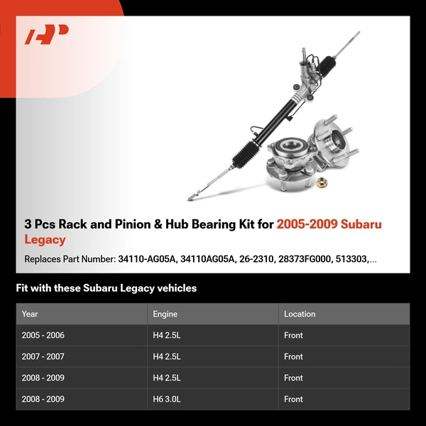 3 Pcs Rack and Pinion & Hub Bearing Kit for 2005-2009 Subaru Legacy